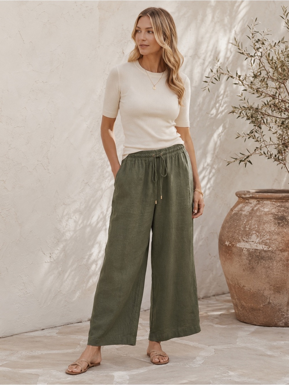 Ellen Tracy 100% Linen Wide Leg Olive Green Loose Leg Flowy Pant Small